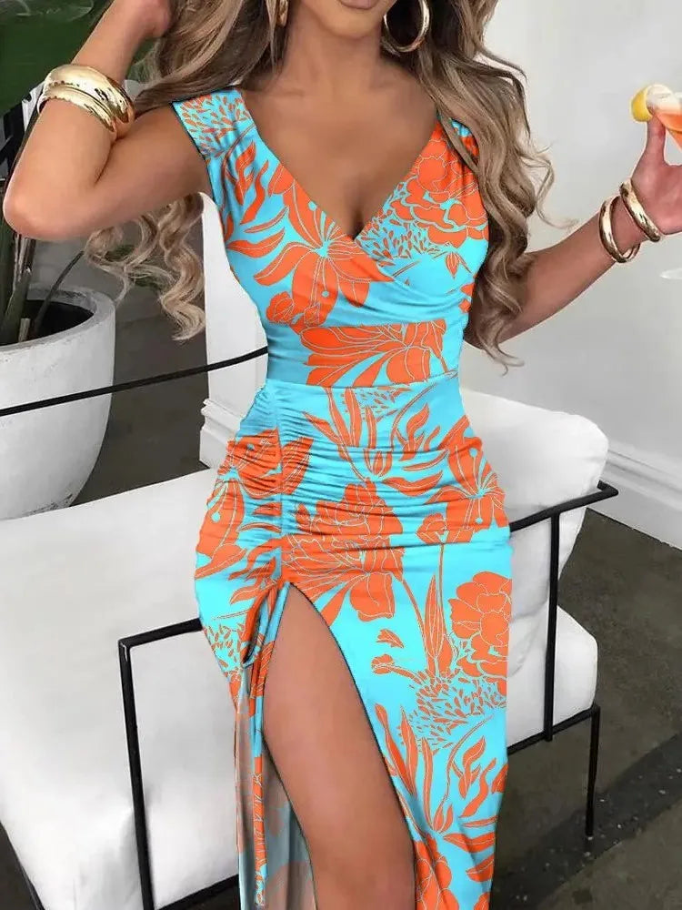 🍒Summer print dress fashion smart casual clothes for women elegant v-neck sleeveless bodycon dress with split front beach party wear Print Your Summer Print
