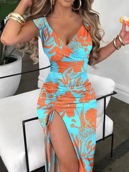 🍒Summer print dress fashion smart casual clothes for women elegant v-neck sleeveless bodycon dress with split front beach party wear Print Your Summer Print
