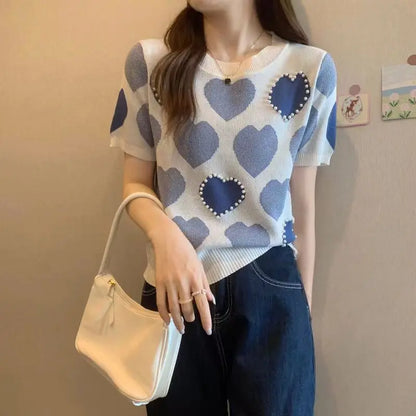 🍒Two piece set suit chic knit t-shirt with love heart top women  and casual wide leg pants sets elegant casual clothing home wear clothes  Love This Set