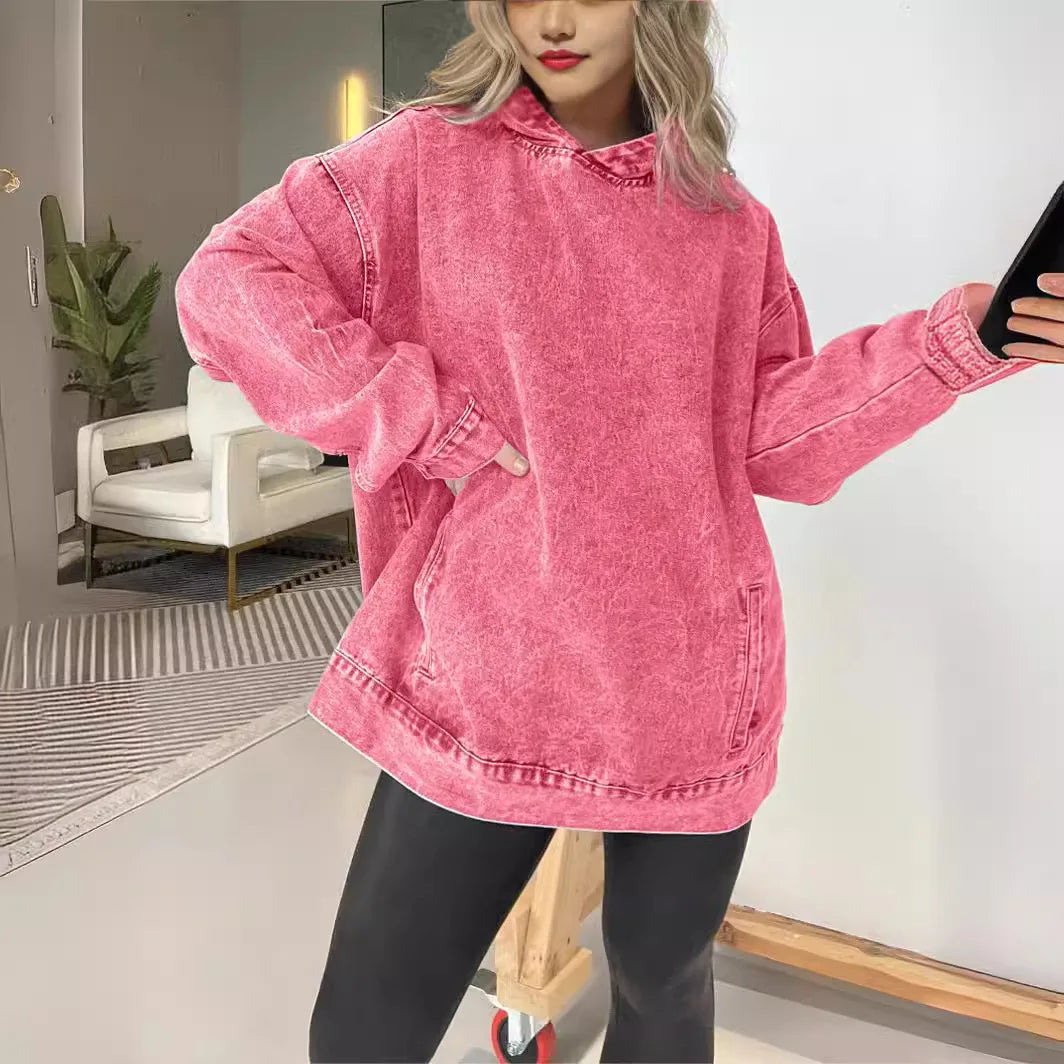 🍒Denim hoodie jeans pullover for women hooded Y2k asthetic distressed top washed loose outer garment casual clothing