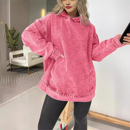 🍒Denim hoodie jeans pullover for women hooded Y2k asthetic distressed top washed loose outer garment casual clothing