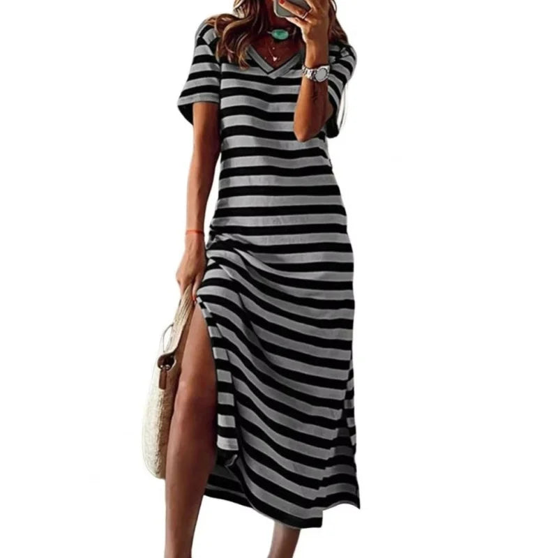 🍒Women's v-neck long dress stripes print fashion dailywear outdoor loose short sleeve dresse spring summer casual wear Like A Stripe