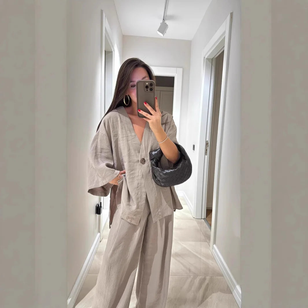 🍒Casual trouser suit for women elegant long sleeve outfit single colour wide leg pants and jacket   set spring summer fashion loose two-piece Partying Pjs
