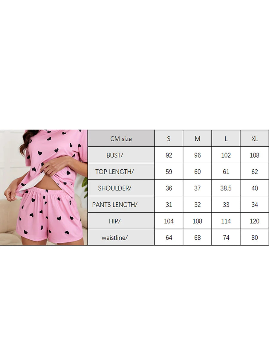 🍒Women's Love heart sleepwear set print knit fashion heart print top soft short sleeve top and shorts sleepwear set for comfortable home wear lounge wear  Light Hearted Fun