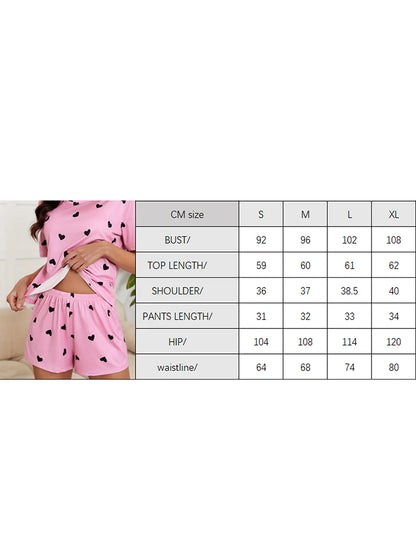 🍒Women's Love heart sleepwear set print knit fashion heart print top soft short sleeve top and shorts sleepwear set for comfortable home wear lounge wear  Light Hearted Fun