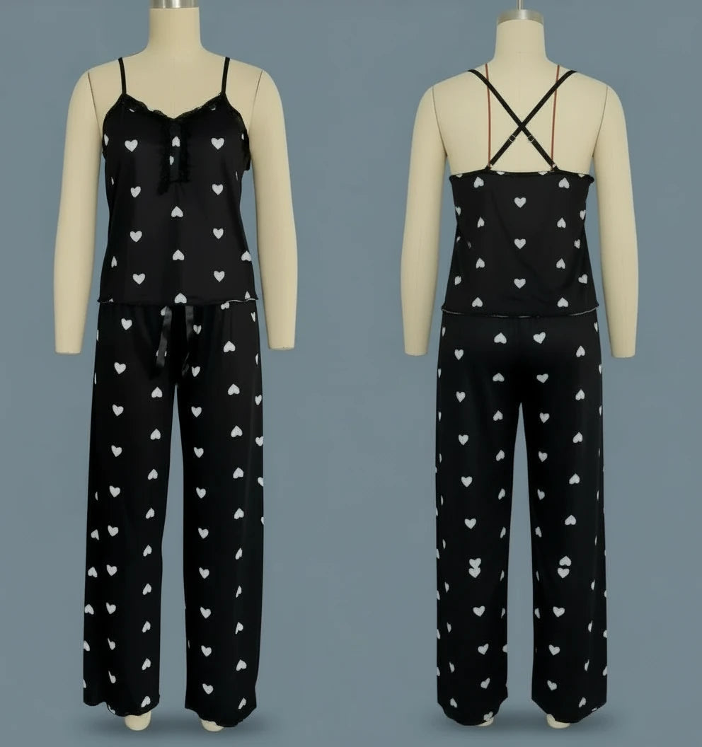 🍒Heart print pyjamas homewear sets women sleeveless crop top amd pants two piece coord with chemise lounge wear clothing                                       Love To Wear Clothes