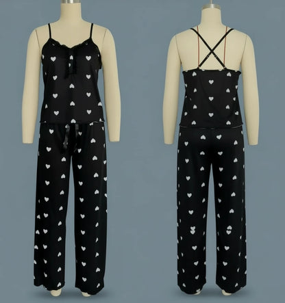 🍒Heart print pyjamas homewear sets women sleeveless crop top amd pants two piece coord with chemise lounge wear clothing                                       Love To Wear Clothes