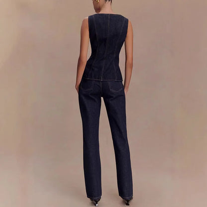 🍒Two piece sets for women piece Sets mom Jeans sleeveless denim tops and jean set long pants high waist Y2k style fashion elegant work clothing all match Get This Single Breast Double Denim And You Will Be Triple Excited