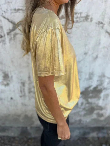 🍒Metalic loose top shiny short sleeve tee womens special occasion tops gold t-shirt o-neck fashion smart casual ladies clothes  Top 'Talic Tee