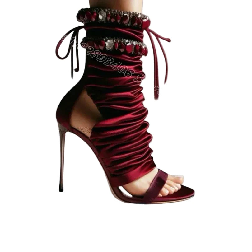 🍒Crimson stiletto shoes open toe booties for women crystal decor pleated boots open toe stylish shoe boots design party dress footwear with Rich Ruchie Reds