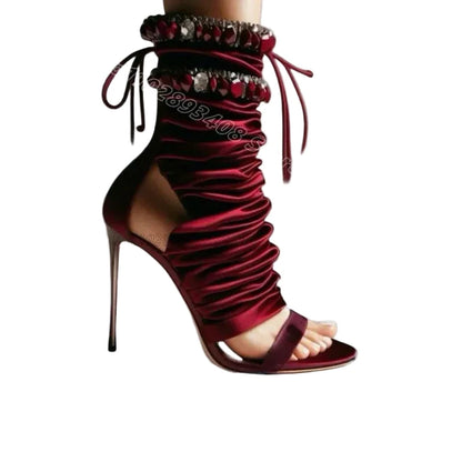 🍒Crimson stiletto shoes open toe booties for women crystal decor pleated boots open toe stylish shoe boots design party dress footwear with Rich Ruchie Reds