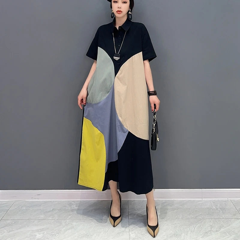 🍒Black patchwork dress loose fit smart casual woman summer shirt style outfit trendy large womens fashion