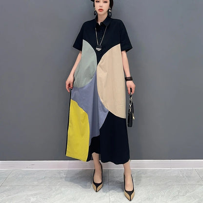 🍒Black patchwork dress loose fit smart casual woman summer shirt style outfit trendy large womens fashion