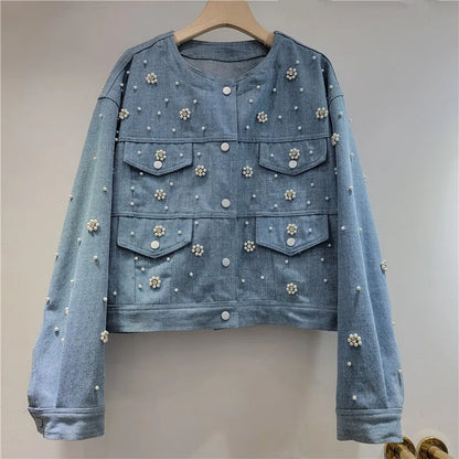 🍒Denim jacket with  pearls beaded flower long sleeve round neck crop jacket smart casual women Don A Decorated Denim