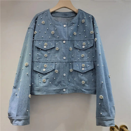 🍒Denim jacket with  pearls beaded flower long sleeve round neck crop jacket smart casual women Don A Decorated Denim