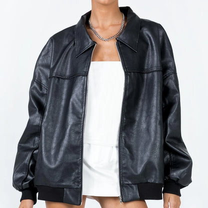 🍒Oversized faux leather Jacket zip up women smart casual outerwear coats fall fashion leather bomber Jacket You Will Wear Out This Outerwear