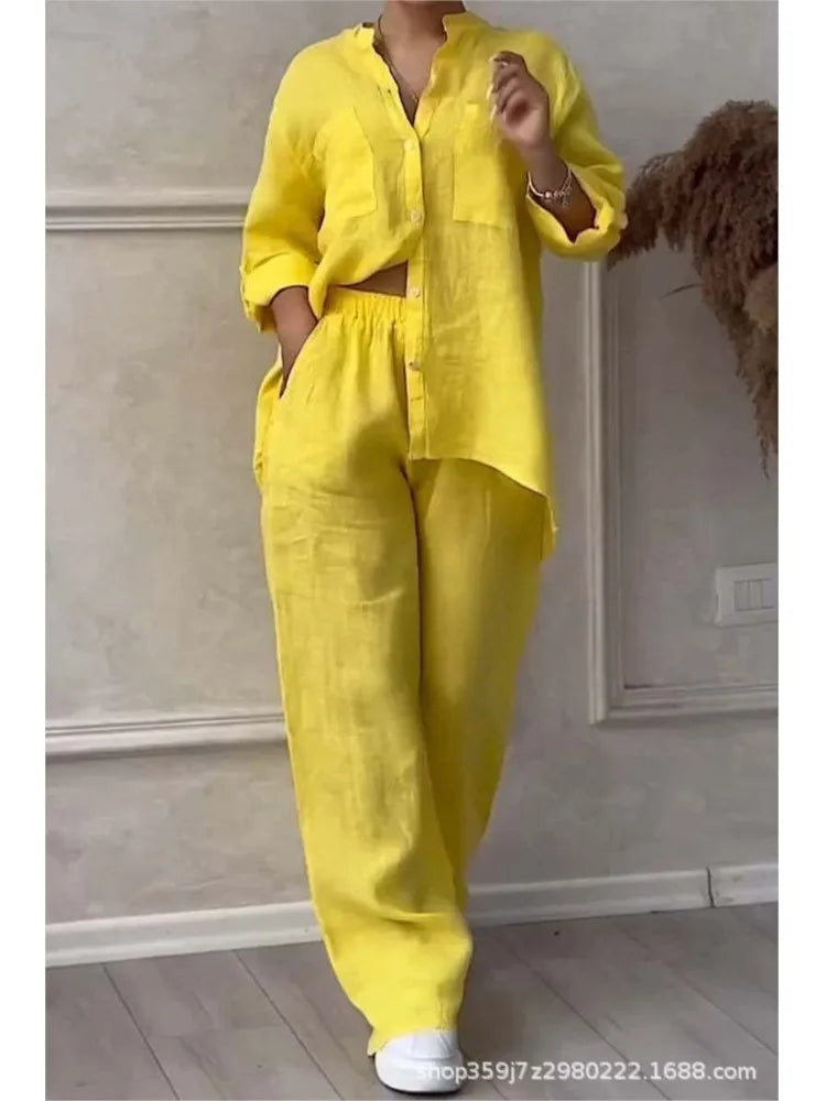 🍒two piece sets casual long sleeve womens shirt with pockets and fashion loose wide leg pants outfit smart casual clothes         Ba-sick