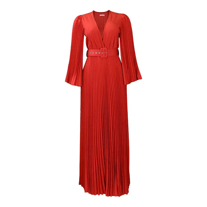 🍒 Dinner party dress V-neck design pleated womens fashion wear elegant maxi oufit with belt long sleeve fashion occasion wear party wear Com-PLEATly Flared Affair