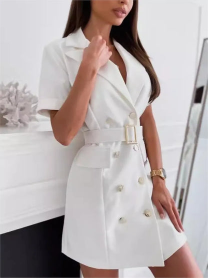 🍒 Short sleeve mini dress plain colour summer fashion casual lapel blazer dress for women double breasted party outfit with Belt Double Takes Winner