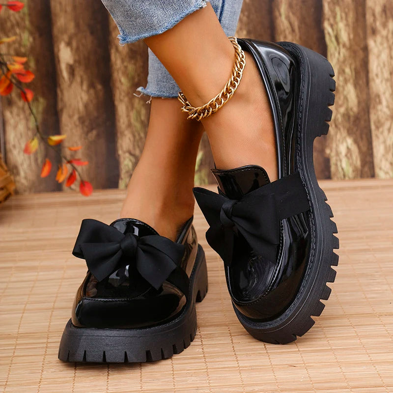 🍒Bow shoes for women's smart casual platform loafers fashion wine red patent leather footwear comfort slip on flat pumps plus size available Bob Along Bows