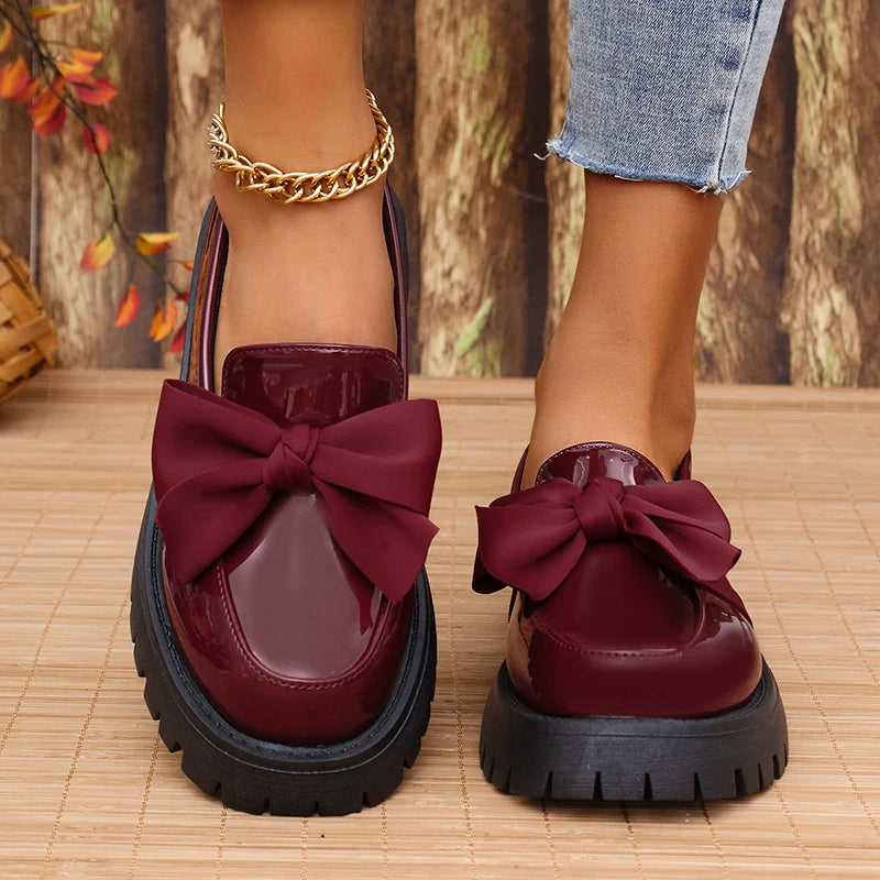 🍒Bow shoes for women's smart casual platform loafers fashion wine red patent leather footwear comfort slip on flat pumps plus size available Bob Along Bows