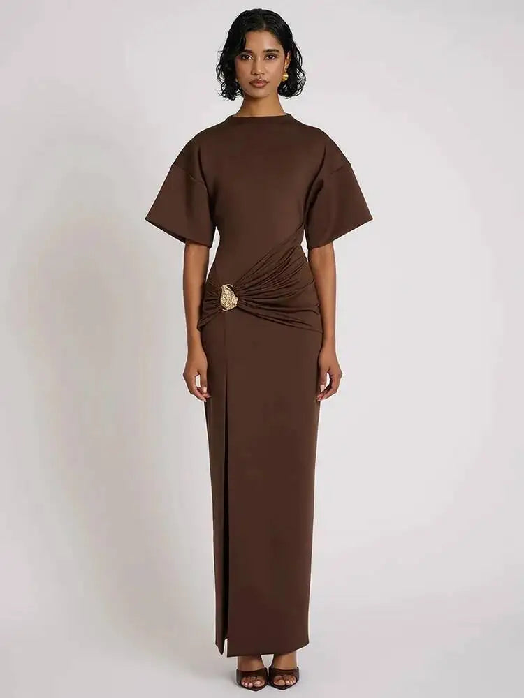 🍒Short sleeve maxi dress  ruched outfit brown women side split occasion dress with belt metal fashion o-neck club party wear occasion white long dresses Paint The Town Red In Brown