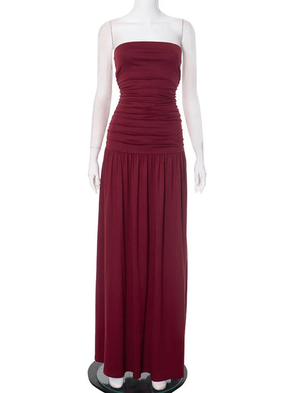 🍒Backless bandeau dress pleated maxi dress women fashion backless sleeveless high waist ruched long dress elegant Wine And Dine In Wine