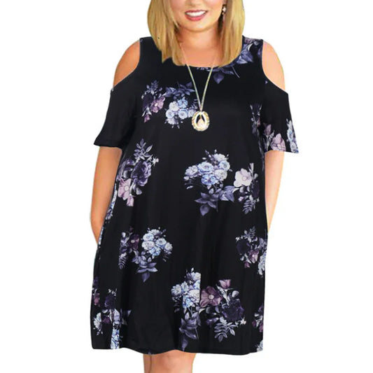 🍒Floral print dress elegant party dresses for women smart casual plus size clothing cold shoulder floral fashion retro short sleeve summer dress Get Beachy Vibes In A Cold Shoulder