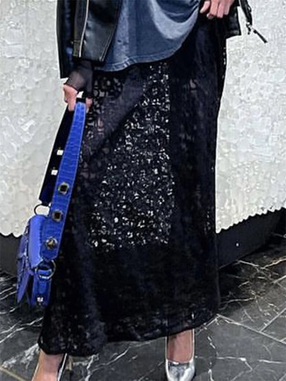 🍒Lace long skirt black elegant low waist solid colour see-through  fashion maxi smart casual clothing                        Transfomation Transparents