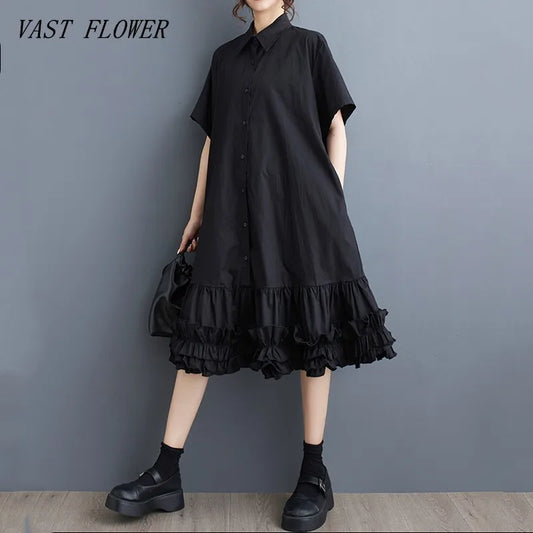 🍒Short sleeve oversized dress black cotton outfits for women casual summer wear loose long shirt dress smart casual clothing Short On Ruffles...Get This Short Ruffle