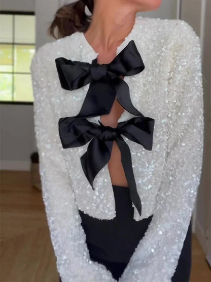 🍒Bow tie sequin dress for women long sleeve shiny mini dress female chic backless evening party dress with back bow crop sequin jacket long sleeve with satin bow front  occasion party wear