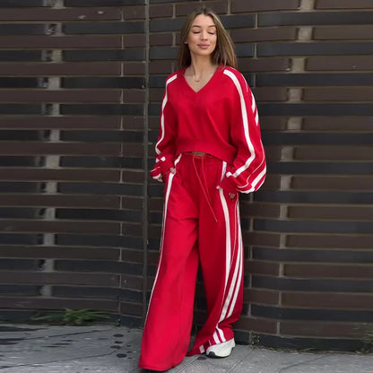 🍒Women two piece pant sets stripe sleeve sweatshirt loose v-neck top and wide stripe leg trousers sporty crop top tracksuit summer autumn wide leg pants with drawstring waist Sport A cheerful Cherri