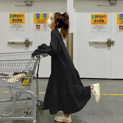 🍒Oversized dress solid color loose outfit long sleeve maxi fashion for women o-neck a-line outfits casual wear Feel Good Tiers Of Joy