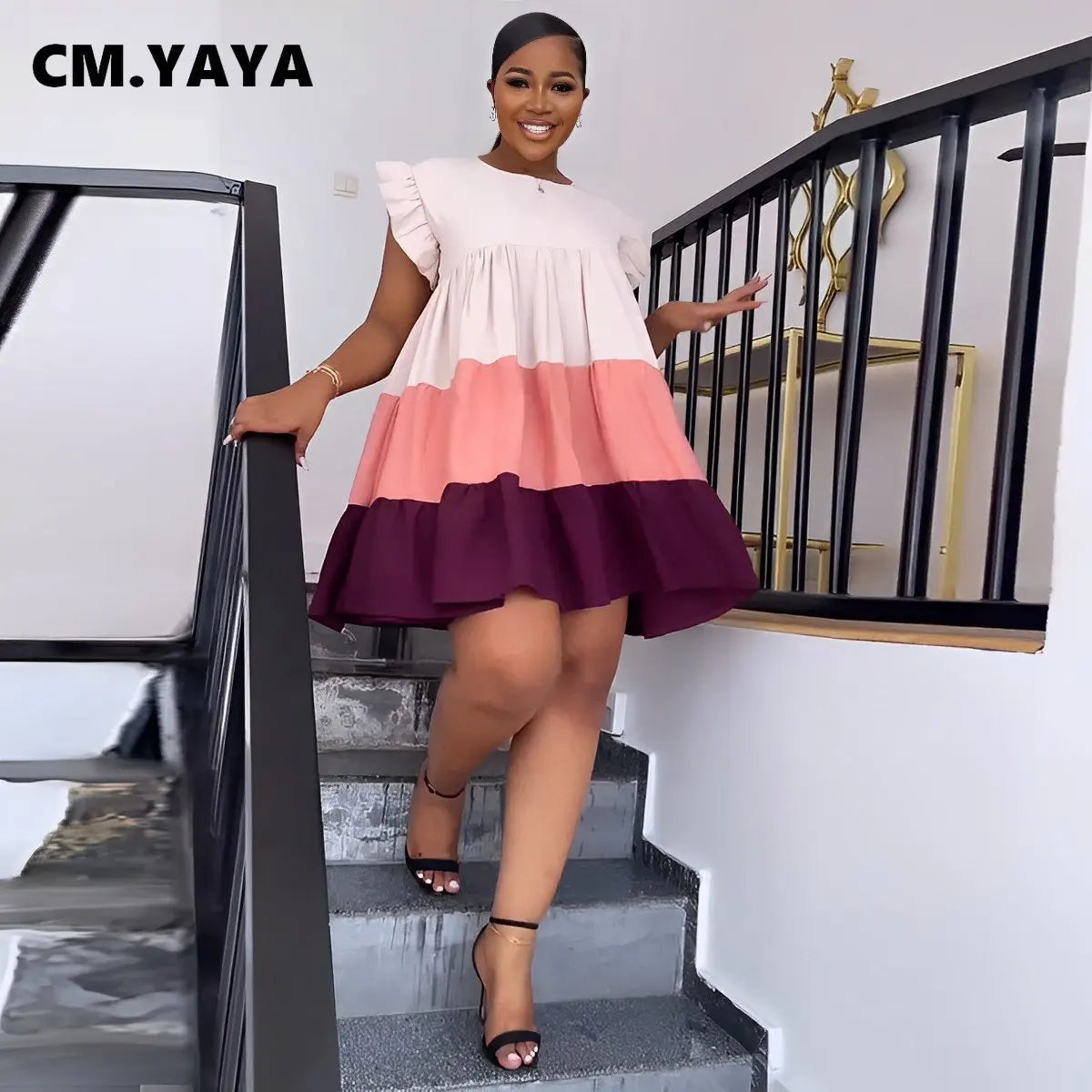 🍒Patchwork ruffle dress short sleeve big swing smock babydoll dress wide stripe chic fashion dresses Get Smitten With A Smock