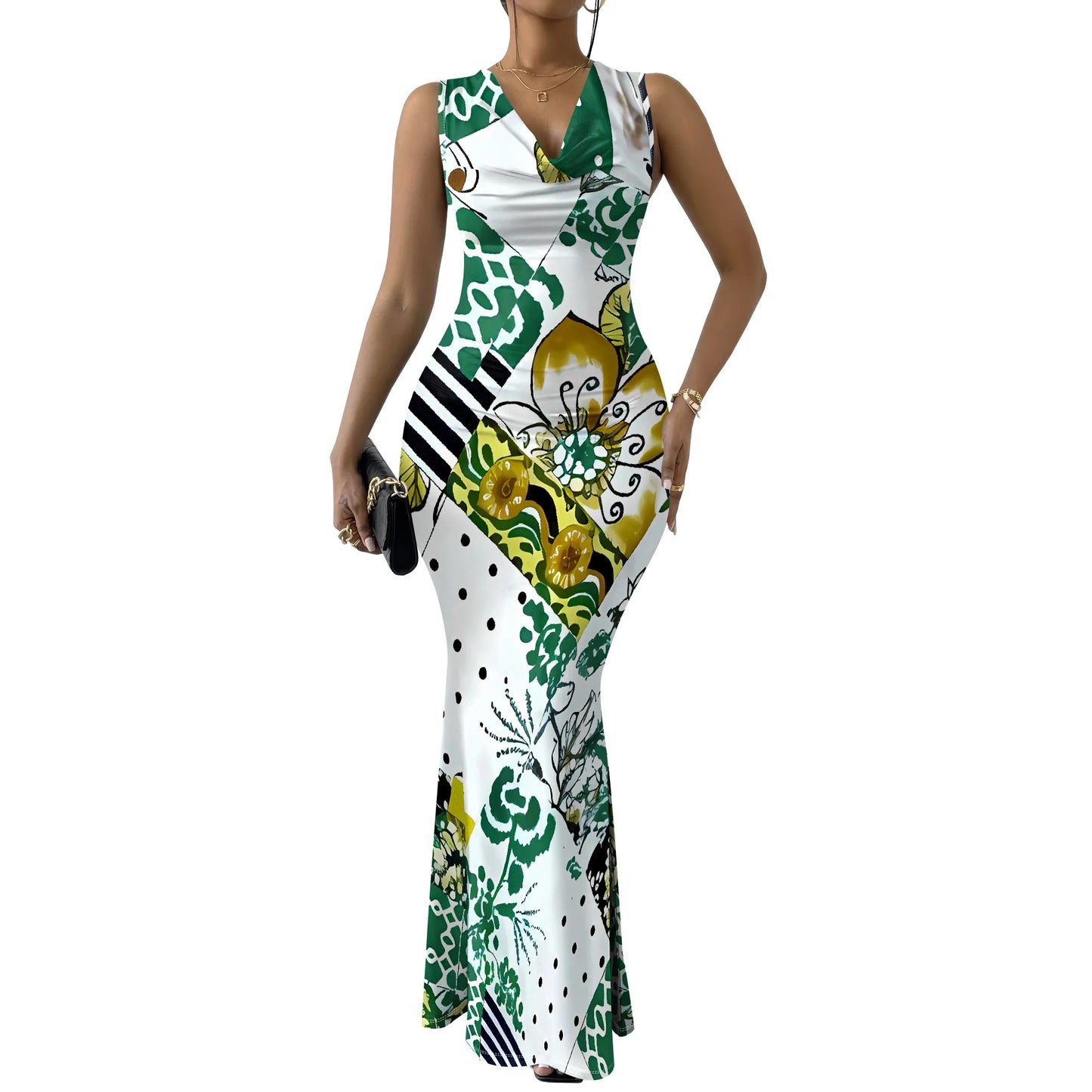 🍒Foral placement dress swing neck outfit womens smart casual clothing colourful floral fashion outfit sleevless geometric party wear evening wear resort wear