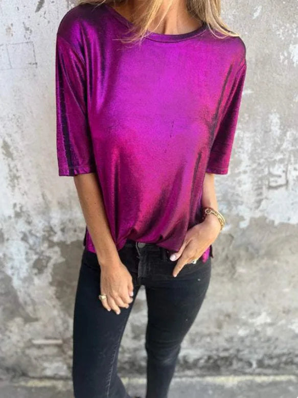 🍒Metalic loose top shiny short sleeve tee womens special occasion tops gold t-shirt o-neck fashion smart casual ladies clothes  Top 'Talic Tee
