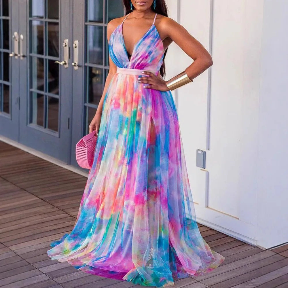 🍒Printed mesh maxi dress sleeveless high street fashion outfit for women long maxi frocks occasion partywear Cool Out In A Pool
