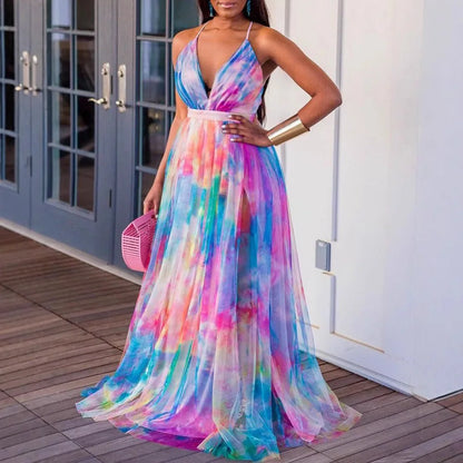 🍒Printed mesh maxi dress sleeveless high street fashion outfit for women long maxi frocks occasion partywear Cool Out In A Pool