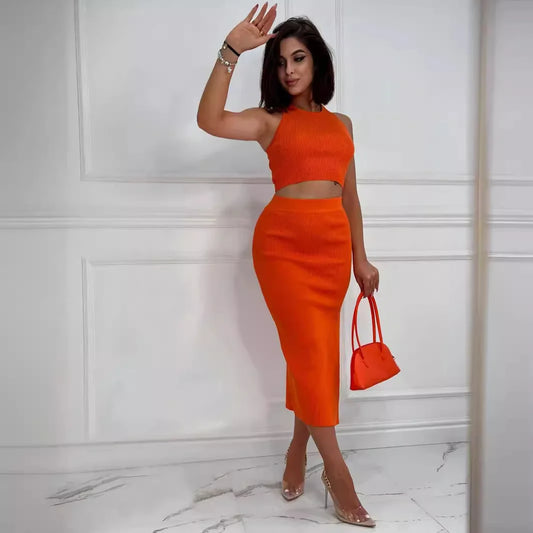 🍒Summer two-piece women's solid colour sleeveless vest top and slim skirt fashionable and elegant slim sleeveless crop top and slit skirt outfit set