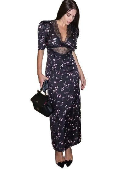 🍒Lace long dress for women short sleeve maxi dress lace insert party outfit mix media fashion wear occasion wear Pose In Rose