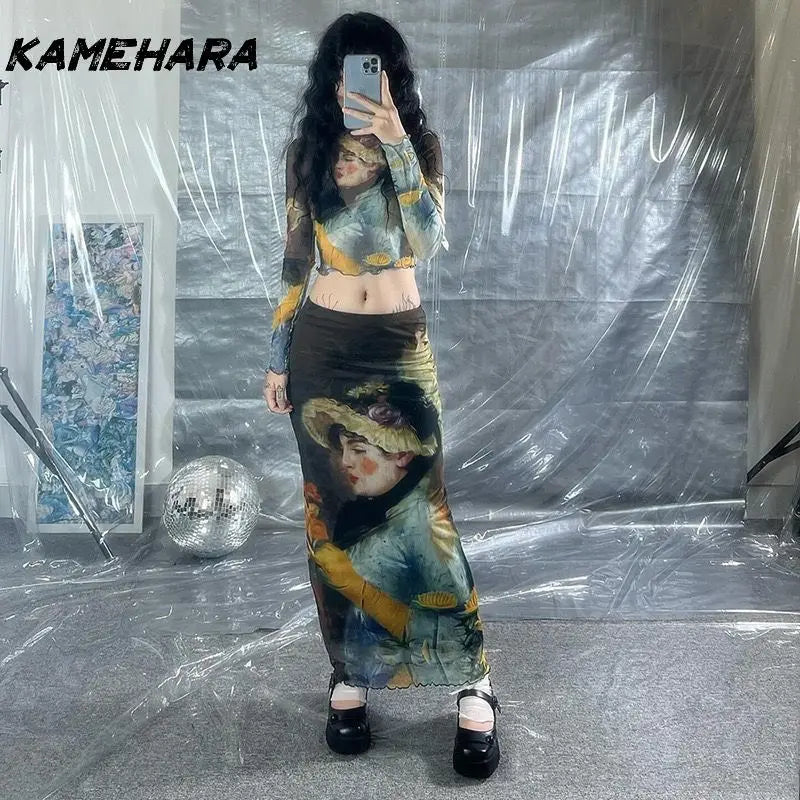 🍒High waisted mesh skirt gauze and matching print top fashion wear for women slim fit bodycon feminine clothing smart casual wear women streetwear female oil painting long sleeve tee and ruffle edge long skirt set Face The Day With Cool clothes