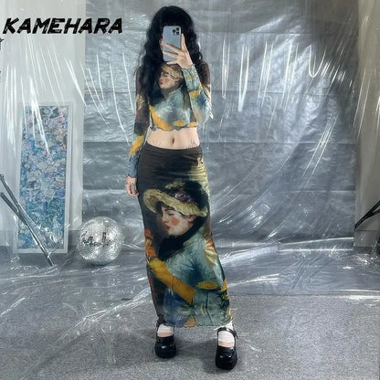 🍒High waisted mesh skirt gauze and matching print top fashion wear for women slim fit bodycon feminine clothing smart casual wear women streetwear female oil painting long sleeve tee and ruffle edge long skirt set Face The Day With Cool clothes