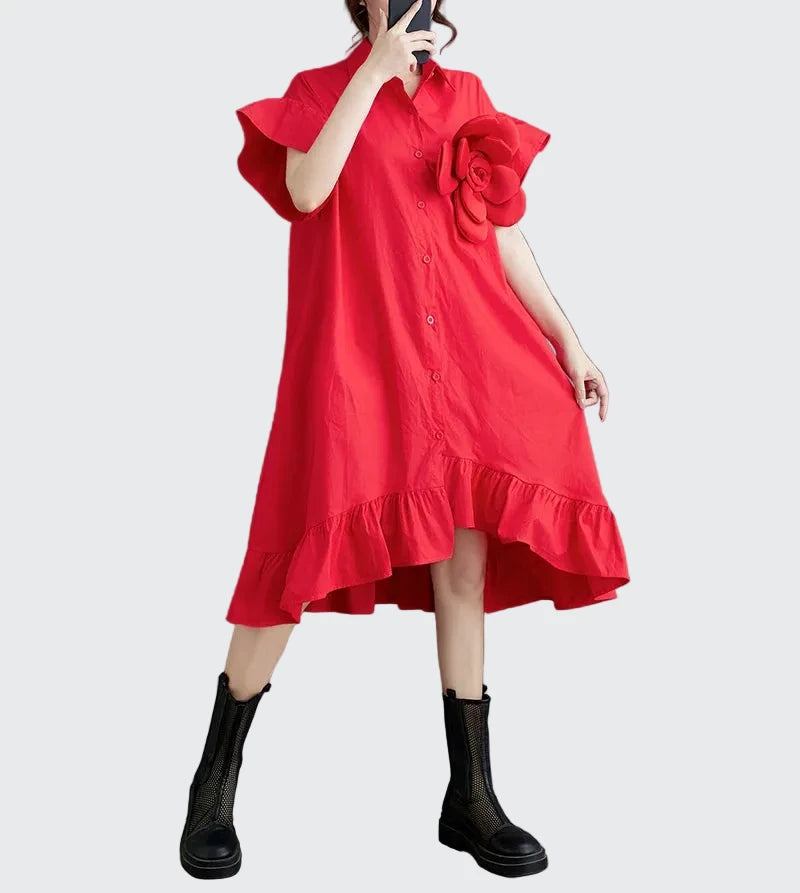 🍒Summer loose dress artistic high low ruffle trim outfit with 3D flower cotton blend office smart casual women mid-length a-Line Don’t Get Ruffled Pick A Flower And Ease lnto Summer