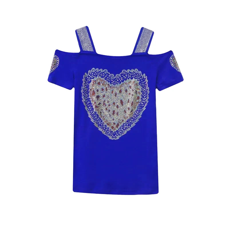 🍒Streetwear chic Heart Shaped top diamond t-shirt off shoulder black tee women summer short sleeve mesh tops SEQ And w 'UIN This Heart