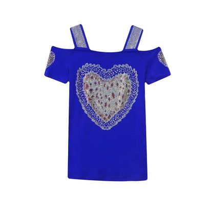 🍒Streetwear chic Heart Shaped top diamond t-shirt off shoulder black tee women summer short sleeve mesh tops SEQ And w 'UIN This Heart
