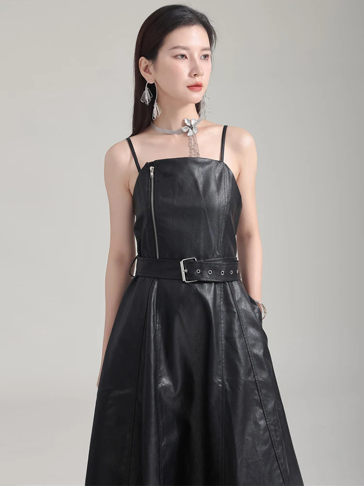 🍒Black faux leather dress spaghetti strap pu outfit with zip front sleeveless belted midi a-line dress party occasion wear sleeveless wear for women Like A Biker