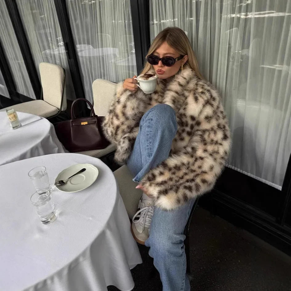🍒Faux fur coat smart casual outerwear women lapel Collar leopard print jacket with long sleeves Y2k thick warm autumn winter fashion Get SPOTTED In A Showy Snowy