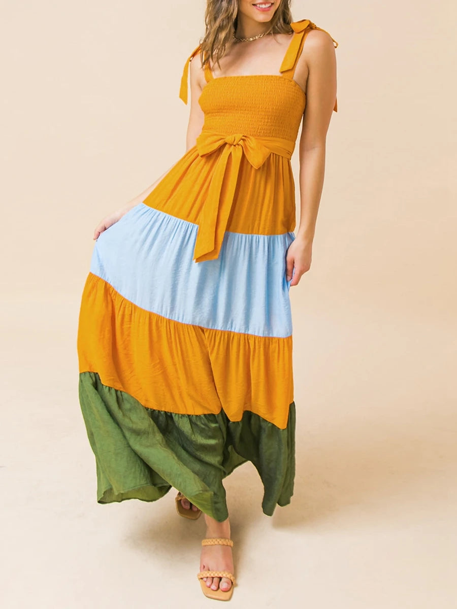 🍒Women’s tie shoulder dress summer sleeveless contrast colour outfit a-line long flowy summer wear female casual clothes Get On The BANDwagon With STRIPES