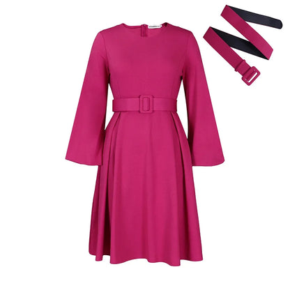 🍒Slim fit a-line dress plain colour womens long sleeve work dress with belt elegant outfits colourful smart casual clothes Pick A Fruit