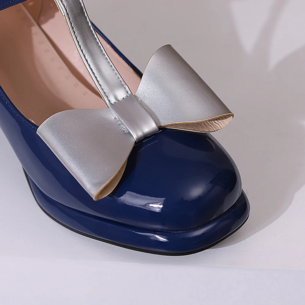 🍒T strap high heels round toe pumps women low platform shoes plus size available bow footwear for party wear wedding t-bar for special occasions Footwear With A Bow On IT